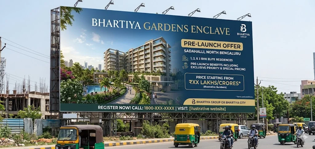 Bhartiya Garden Enclave pre-launch price sheet for 1, 2, 3, and 4 BHK luxury apartments in Sadahalli, North Bangalore.